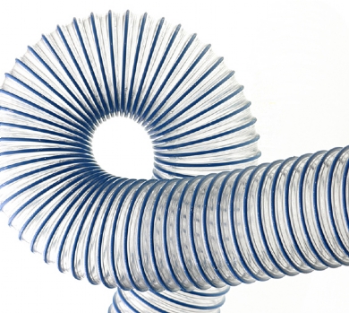 Click to enlarge - Medium duty polyester/polyurethane hose supported by a single, fully encapsulated blue or plain wire helix. This hose is designed for the transfer of small abrasive particles such as grit, powders, wood chip and other such abrasive materials.